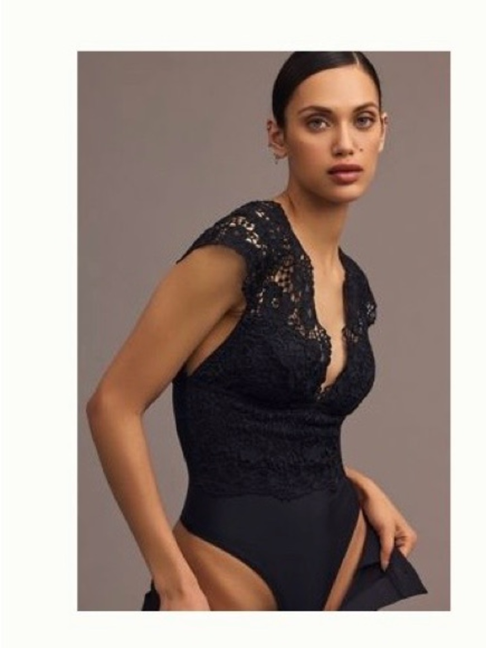 Anthropologie Black Lace V-Neck Cap-Sleeve Bodysuit